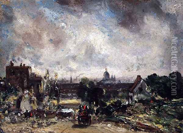City of London from Sir Richard Steeles Cottage with the Mail Coach on the Road Oil Painting - John Constable