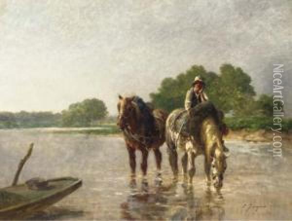 Working Horses Pausing For A Drink In A River Oil Painting - Charles Emile Jacques