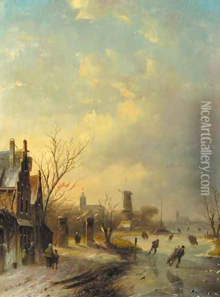A winter landscape with skaters Oil Painting - Jan Jacob Coenraad Spohler