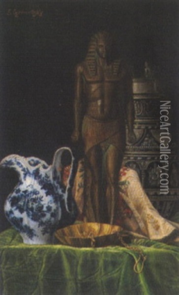 Stilleben Mit Agyptischer Statuette Oil Painting - Ernst Czernotzky