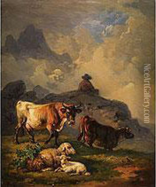 Kuhe Und Schafe In Hugeliger Landschaft Oil Painting - Hermann Volz