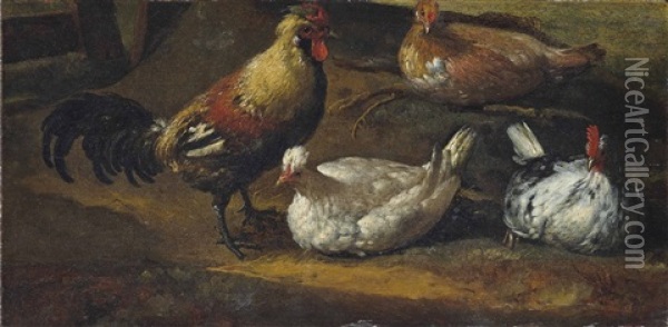 A Cockerel And Three Hens In A Landscape: A Fragment Oil Painting - Aelbert Cuyp