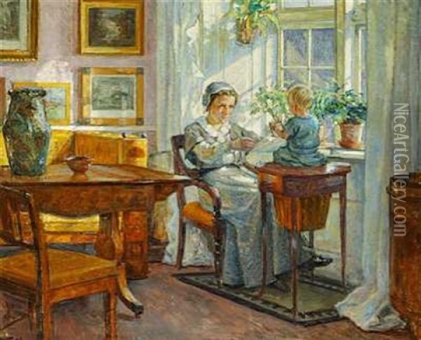 Interior. En Mor Leger Med Sin Son Oil Painting - Sigurd Wandel