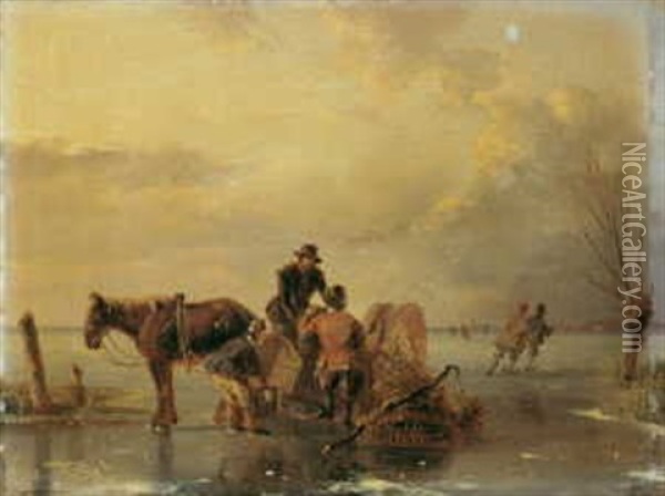 Winterlandschaft Mit Eislaufern Und Pferdefuhrwerk: Oil Painting - Nicolaas Johannes Roosenboom