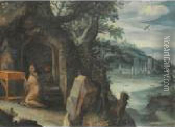 A Mountainous River Landscape With A Hermit Praying In A Grotto And A City Beyond Oil Painting - Paul Bril