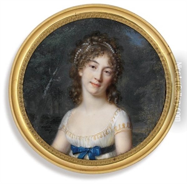 A Young Lady, In Gold-embroidered White Dress With Short Sleeves, A Blue Sash Tied In A Bow At Her Waist... Oil Painting - Jean Baptiste Jacques Augustin