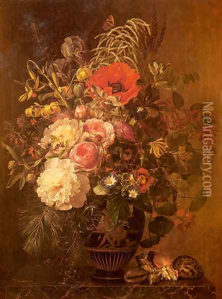 A Still Life with Flowers in a Greek Vase Oil Painting - Johan Laurentz Jensen