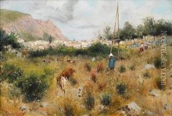 A Goatherd, Capri Oil Painting - August Lovatti