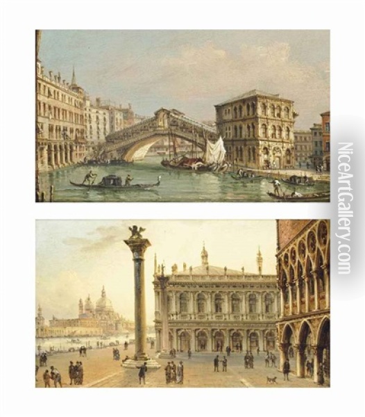 The Rialto Bridge, Venice (+ The Molo, Venice; Pair) Oil Painting - Francesco Zanin