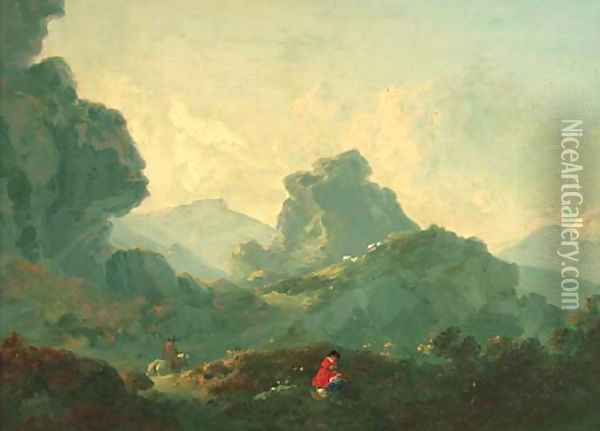 A horseman and a resting figure in a mountainous landscape Oil Painting - Julius Caesar Ibbetson
