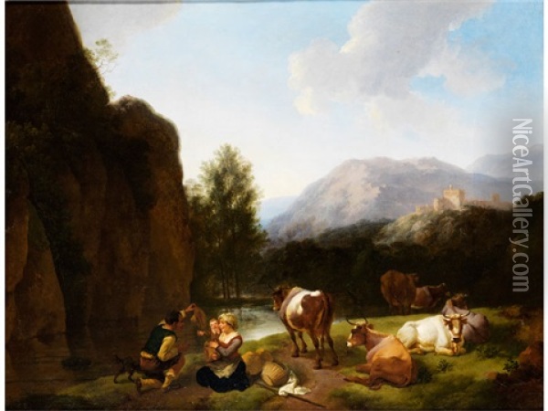 Rastende Familie Neben Kuhen An Einem Fluss Oil Painting - Christian Wilhelm Ernst Dietrich