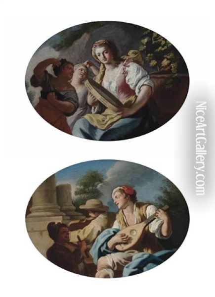 A Young Lady Playing A Tambourine, With Two Women Playing The Castanets (+ A Young Man Playing The Mandolin (a Pair) Oil Painting - Pietro Bardellino