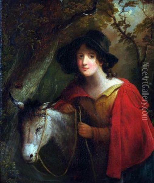 Young Lady With Donkey In Wooded Landscape Oil Painting - George Morland