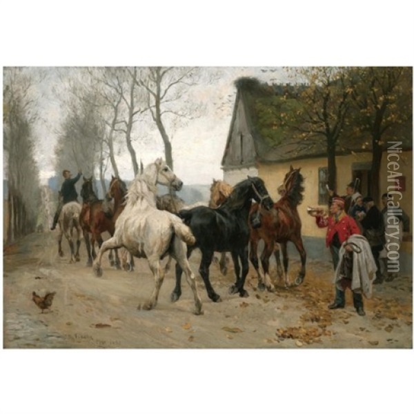 Et Kobbel Heste Udenfor Lindenborg Kro Oil Painting - Otto Bache