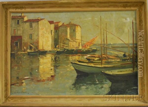 Pier With Moored Boats And Buildings Oil Painting - Paul Emile Lecomte