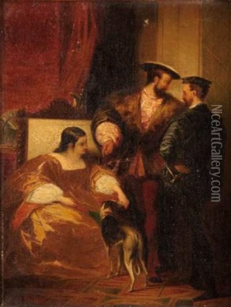 Francois I Et Charles V Chez La Duchesse D'estanques Oil Painting - Alfred De Savignac