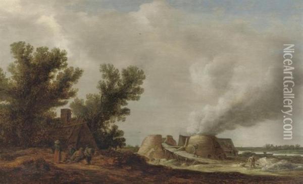 A River Landscape With Peasants Resting Near A Cottage And Figures Working At Lime Kilns Oil Painting - Jan van Goyen