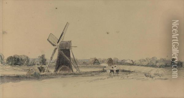 Figures Beside A Windmill, A Village Beyond Oil Painting - Peter de Wint