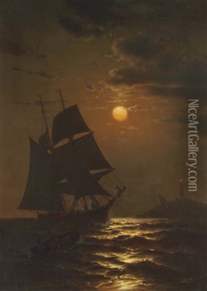 Moonlight Sailing Oil Painting - Mauritz Frederick Hendrick de Haas