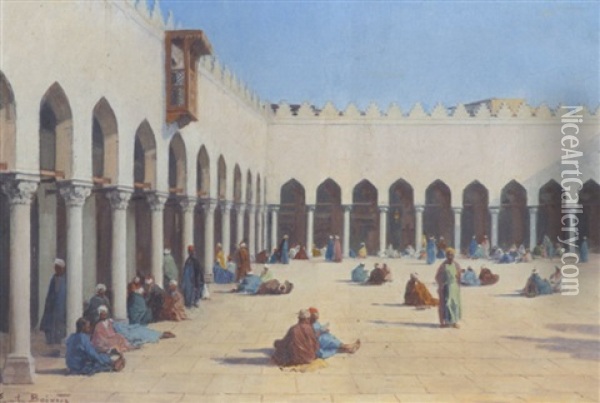 La Cour De La Mosquee, El-azar, Le Caire Oil Painting - Emile Boivin