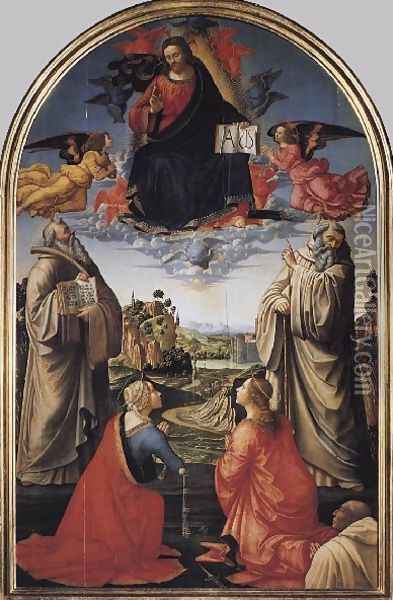 Christ in Heaven with Four Saints and a Donor c 1492 Oil Painting - Domenico Ghirlandaio