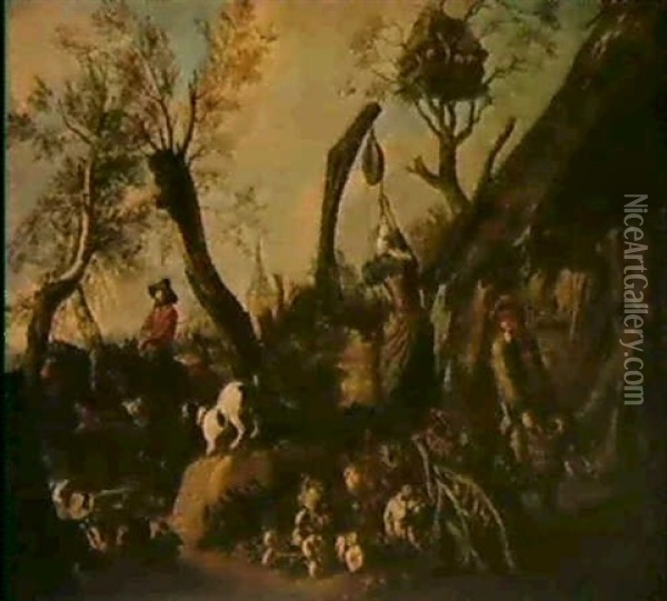 Famille De Paysans Dans Une Cour De Ferme                   Paysans Dans Une Etable Oil Painting - Pieter van Bloemen