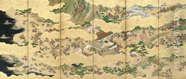Six Fold Screen depicting Battle of the Genji and the Heike Clans 2 Oil Painting - Yusetsu Kaiho