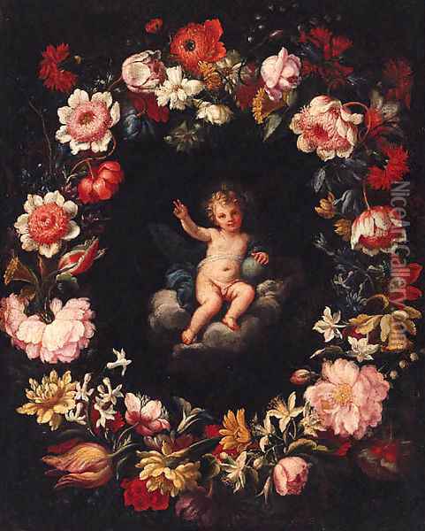 The Infant Christ in a medallion surrounded by a garland of flowers Oil Painting - Pier Francesco Cittadini