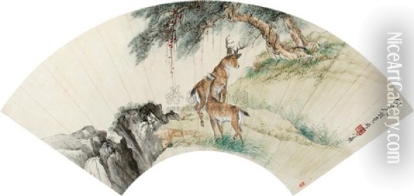 Two Deer Oil Painting -  Hong Ji