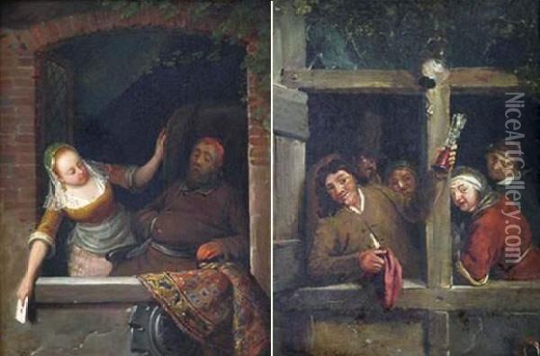 Le Billet Doux A La Derobee Et Les Buveurs A La Fenetre. Oil Painting - Jean-Baptiste Lecoeur