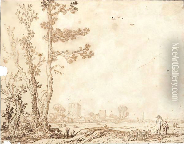 Landscape With Tall Trees To The Left, A Shepherd To The Right, And A Village Behind Oil Painting - Esaias Van De Velde