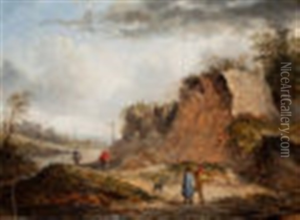 Rocky Landscape With Travelers On A Path And Two Figures Conversing In The Foreground Oil Painting - Thomas Van Apshoven