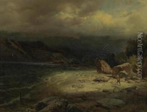 Storm On The Lake. 1846. Oil Painting - Johann Gottfried Steffan