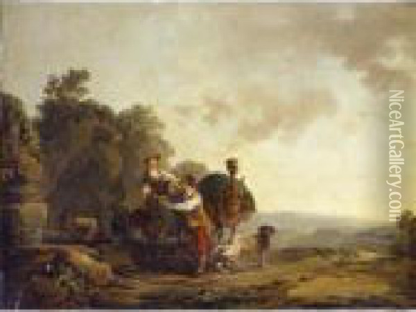 Travellers With Hounds And Heavily Laden Mules At A Well Oil Painting - Philip Jacques de Loutherbourg