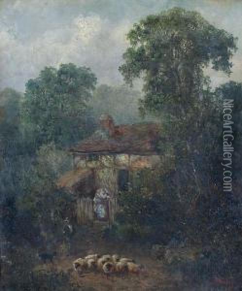 A Country Cottage In Woodland, 
With Shepherd, Flock And Dog Before And Maiden At The Gateway Oil Painting - John Horace Hooper