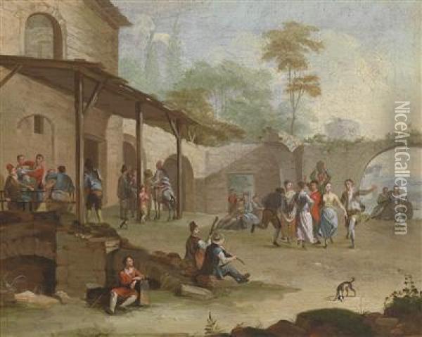 Market Scene In An Italian Town And Cheerful Dancing Group Before Ruins Oil Painting - Pietro Domenico Oliviero