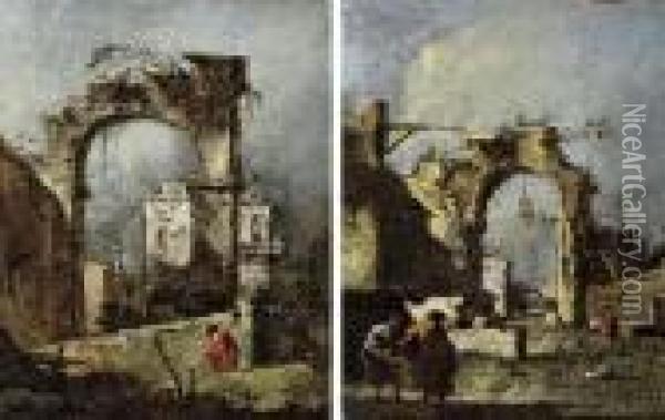 Capricci Of Ruined Arches With Figures Oil Painting - Francesco Guardi