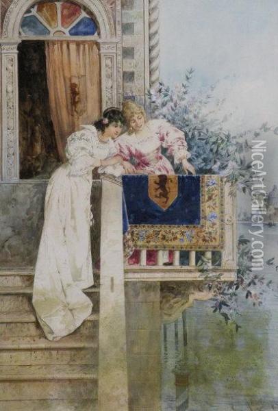 Ladies On A Balcony, Venice Oil Painting - Adelchi De Grossi