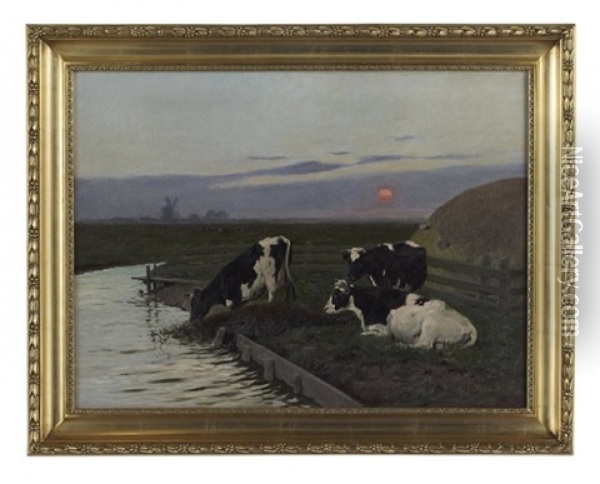 Landscape At Sunset With Cattle On A Farm Oil Painting - Arthur Heyer