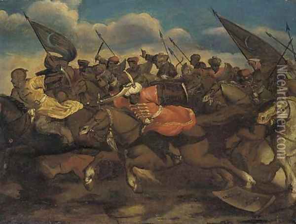 A Turkish cavalry charge Oil Painting - Antonio Calza