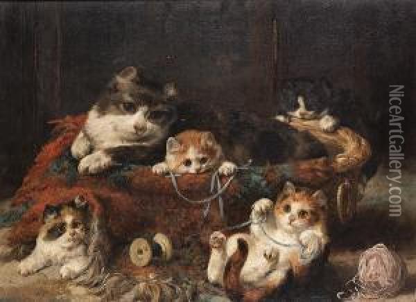 Kittens Playing Oil Painting - Charles van den Eycken