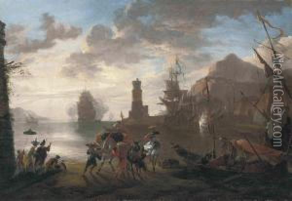 A Coastal Landscape With Sailors Disembarking From An Anchored Boatand Elegant Figures Conversing Oil Painting - Hendrik van Minderhout