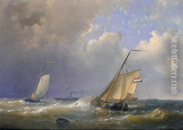 Ships Sailing Off The Dutch Coast Oil Painting - Emanuel De Vries