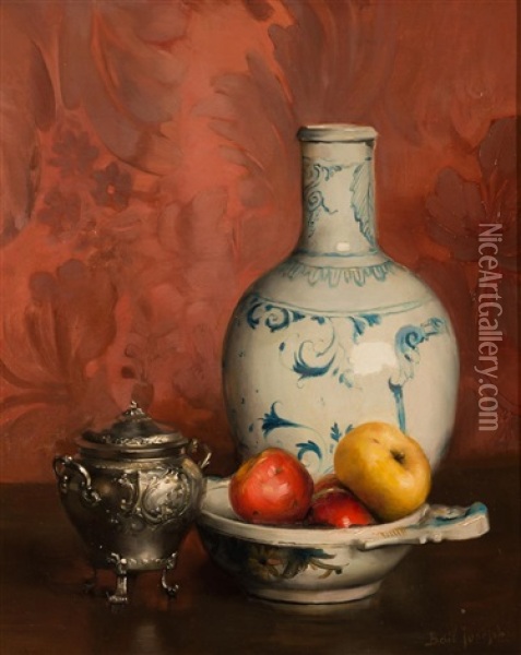Still Life: Apples In A Porceain Dish, A Blue And White Vase, And A Silver Sugar Bowl Oil Painting - Joseph Bail