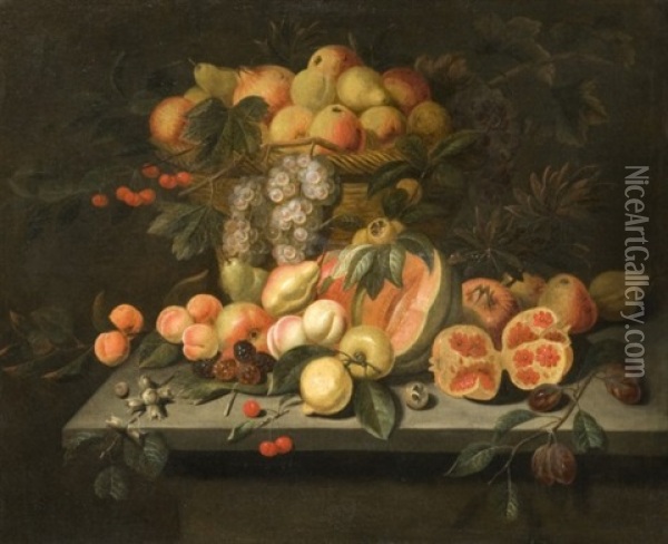 Nature Morte De Fruits Disposes Sur Un Entablement Oil Painting - Jan van Kessel the Elder