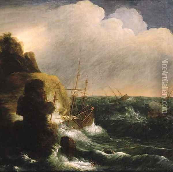 A threemaster foundering off a rocky coast, in a gale Oil Painting - Jan Peeters