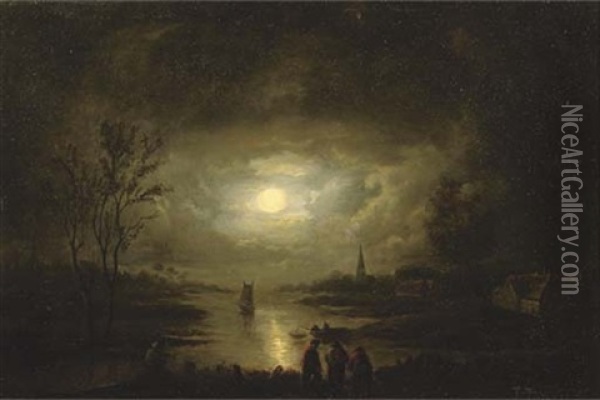 Fishing By Moonlight Oil Painting - Jan Lodewijk Jonxis