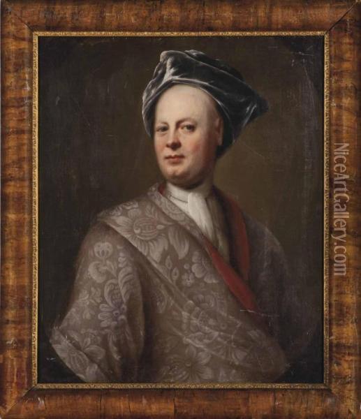 Portrait Of A Gentleman, Bust-length, In A Purple Coat And Turban, In A Feigned Oval Oil Painting - Richardson. Jonathan