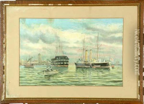 15 1/2in. X 24in. Hms Wellesley And Other Vessels In North Shields Harbour-cromolithograph Oil Painting - John Davison Liddell
