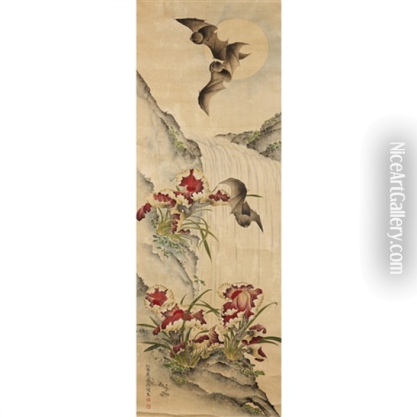 A Chinese Painting Of Bats And Lingzhi Oil Painting -  Qu Zhaolin